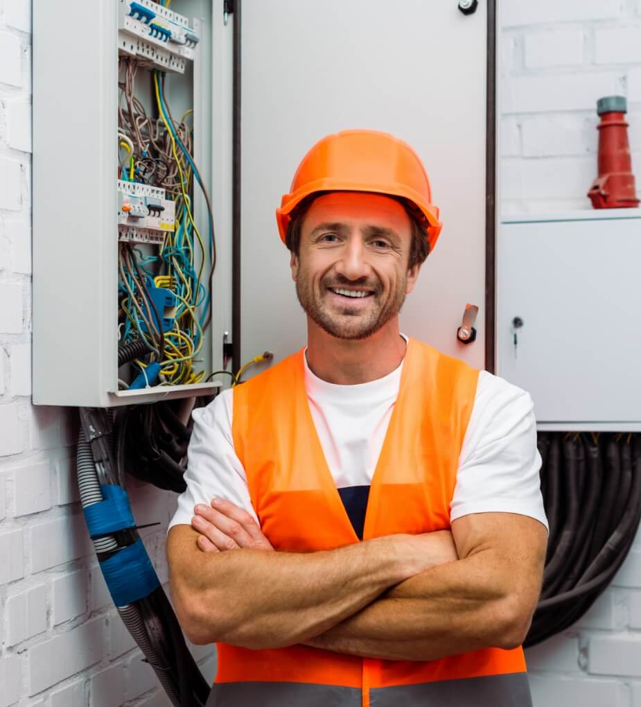 Successful electrician smiling working